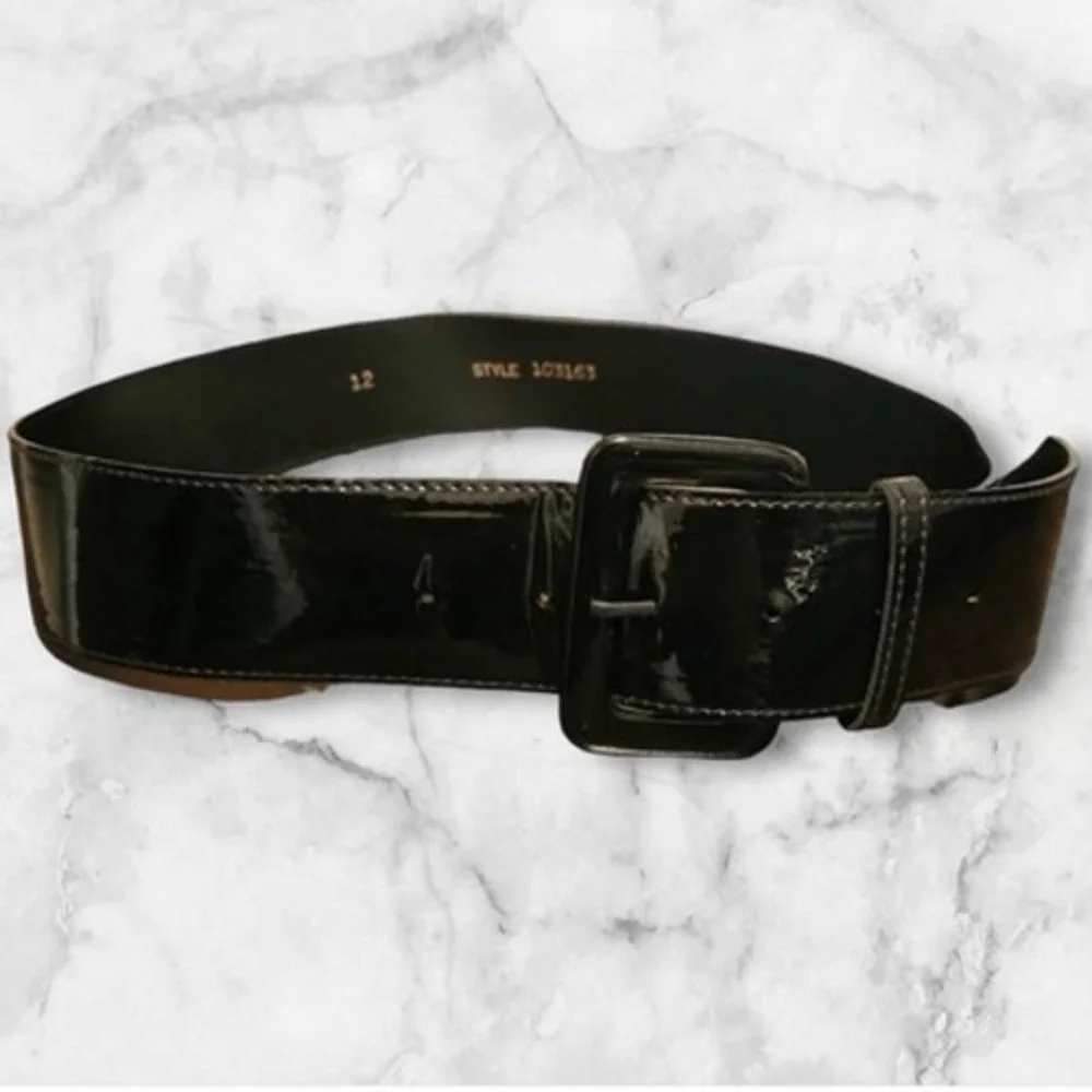 Vintage Astor Germany sz 12 Womens Black Patent Leather Wide Waist Buckle Belt
